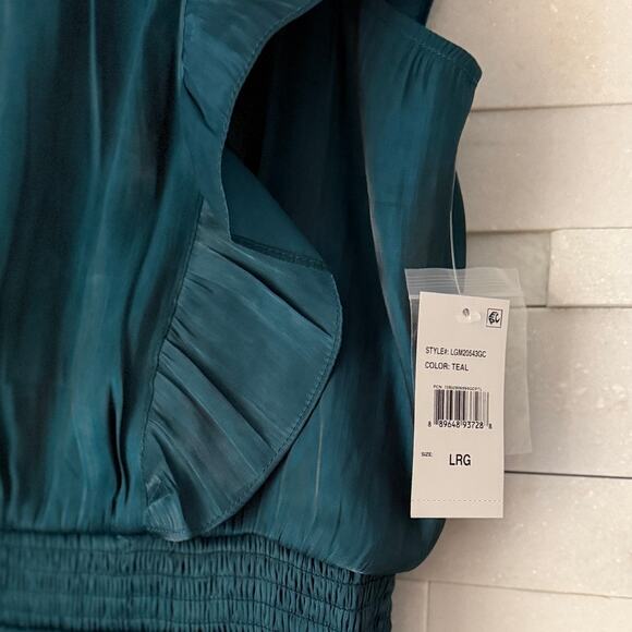 GREY COLLECTIVE NWT Hi-Neck Ruffle Sleeve Smocked Tiered Maxi Dress L TEAL - Picture 5 of 11